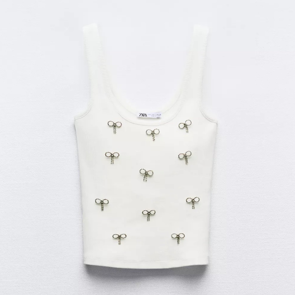 NWT ZARA Ribbed Tank With Rhinestone Bows - Picture 4 of 12